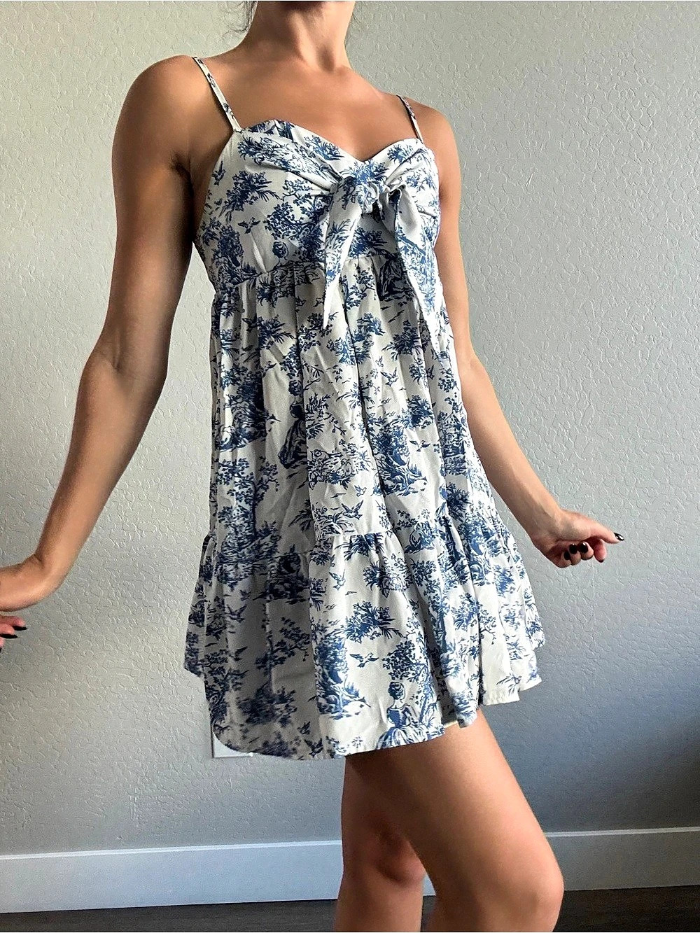 Floral Tie Front Mini Dress in White & Blue Like New